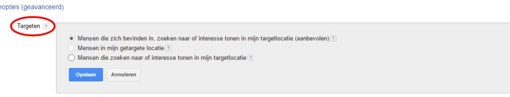 Targettingsinstelling Campagnebeheer – Google AdWords