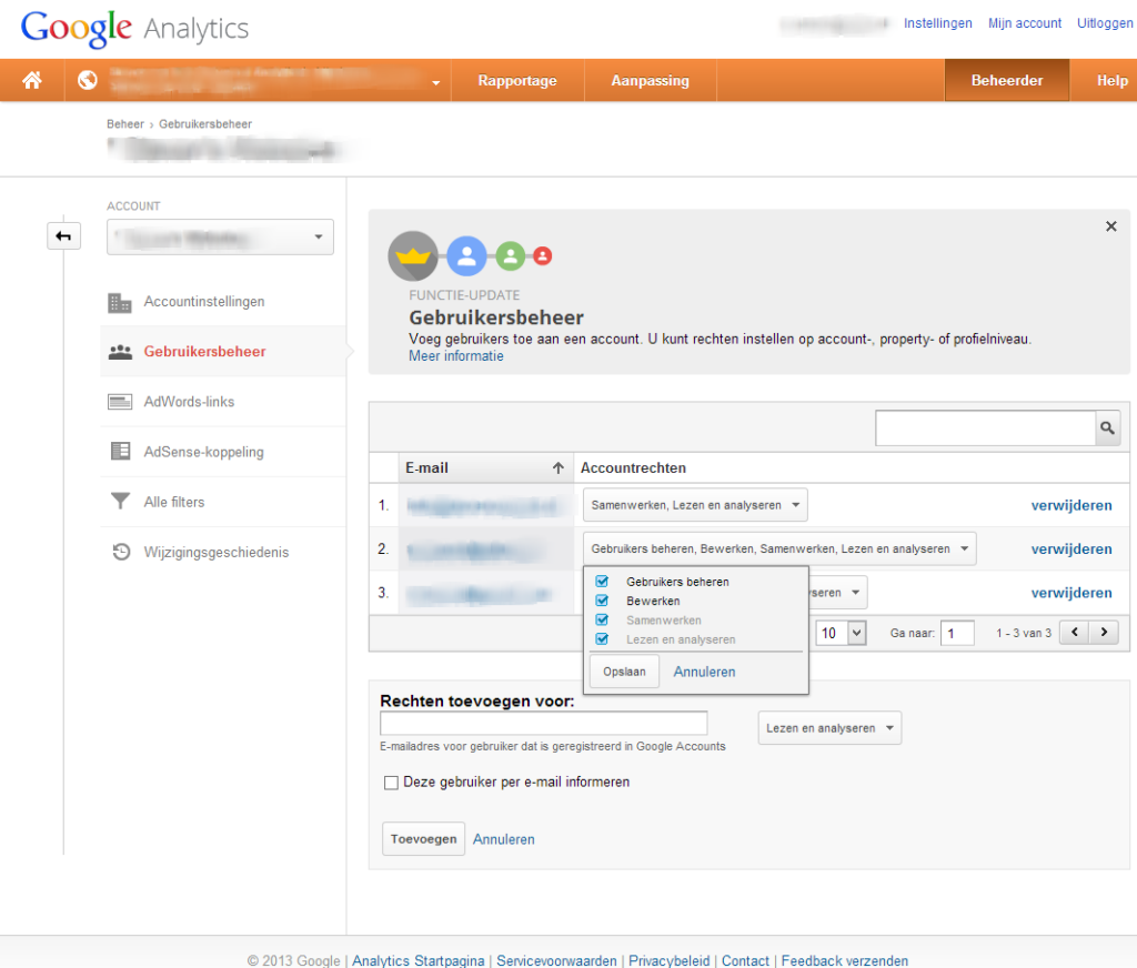 googl analytics beheersrechten op niveau