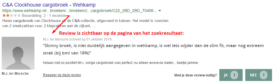 Voorbeeld Wehkamp recensie in rich snippet, juiste implementatie gestructureerde gegevens