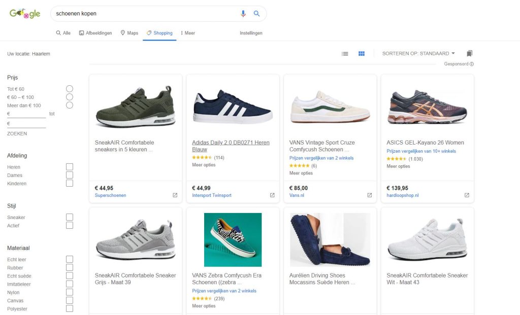 Google Shopping tab in Google zoeken