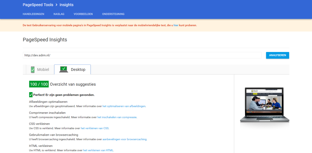 Pagespeed score 100 op desktop