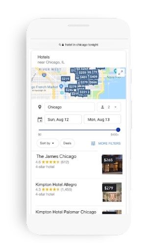 Google Hotels op een mobiele telefoon