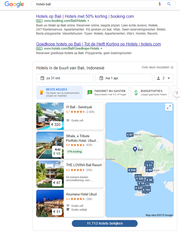 Voorbeeld van Google Hotels