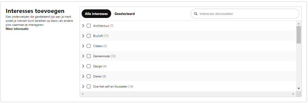 Interesses toevoegen op Pinterest