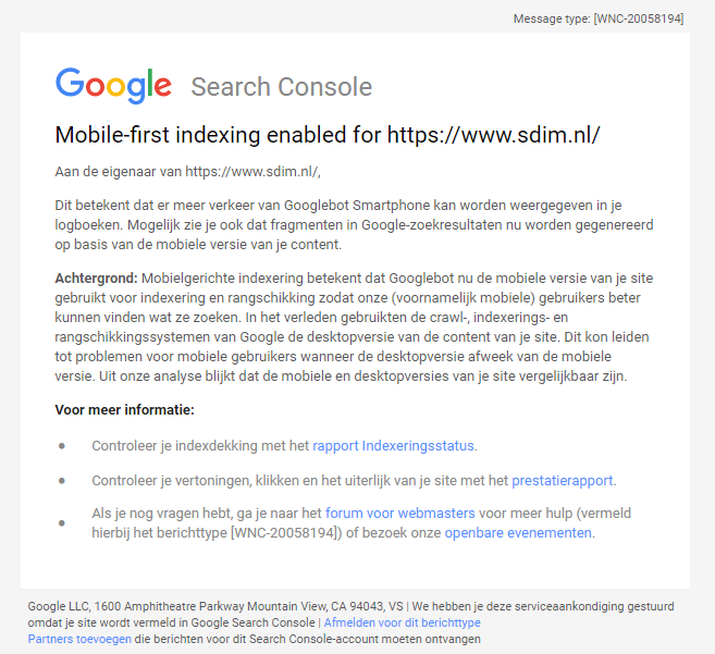 Google mobile first indexing melding