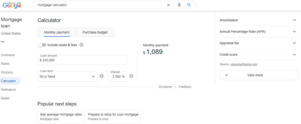 Mortgage Calculator in Google Zoeken Amerika