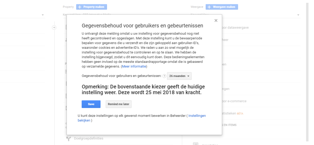 AVG GDPR Google Analytics Dataretentie