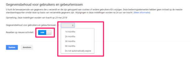 AVG GDPR Google Analytics Dataretentie datum