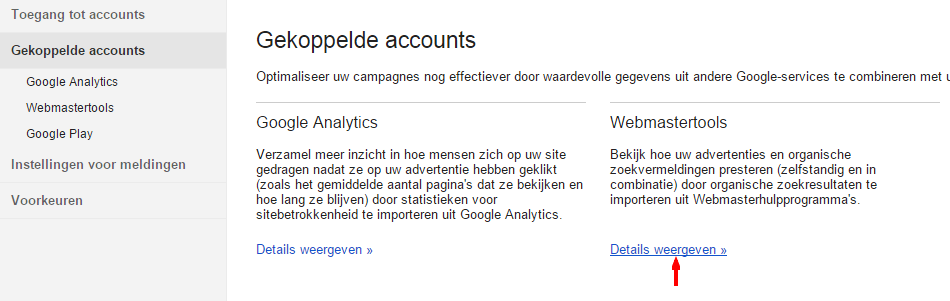 Google Webmastertools details weergeven verificatie