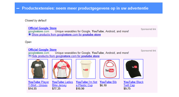 Voorbeeld van productextensies in Youtube