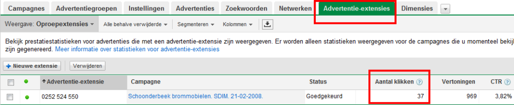 Screenshot oproep extensie Google Ads