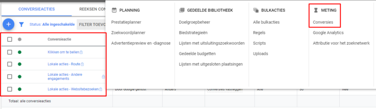 Screenshot van Google Ads omgeving met rode omlijning bij conversieacties