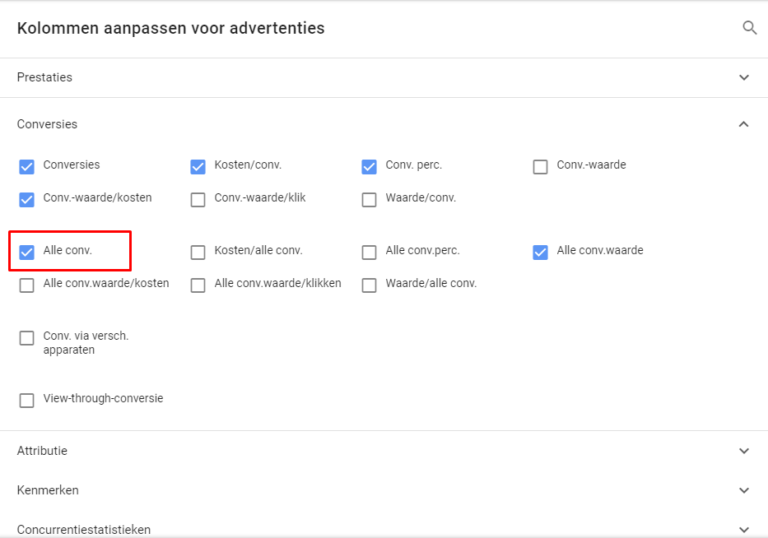 Instellingen in Google Ads omgeving met rode omlijning om alle conversies