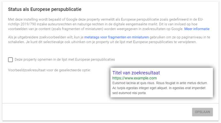 status als europese perspublicatie niet aangevinkt