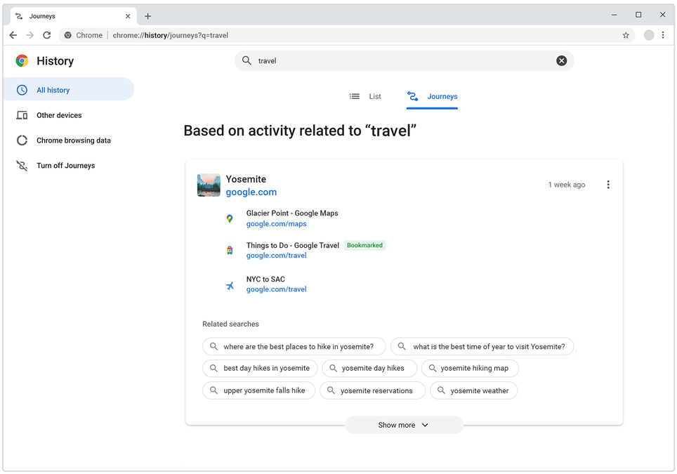 google chrome journeys for travel