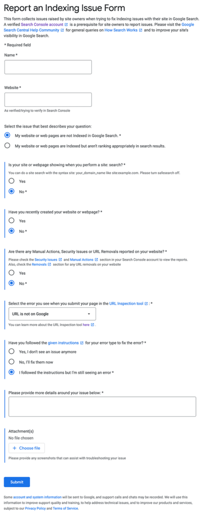 report an indexing issue form