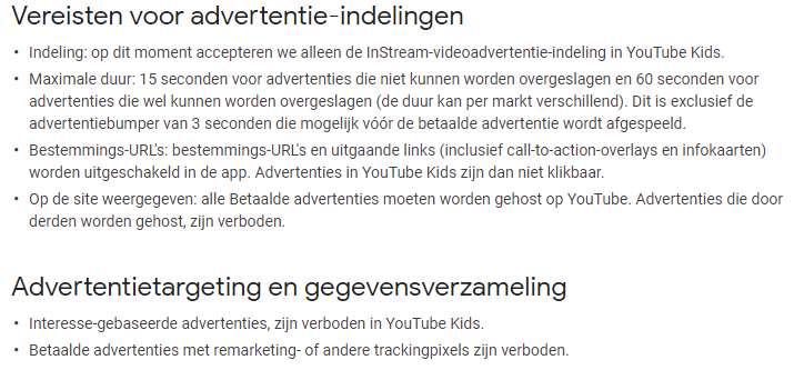 youtube kids vereisten advertentie indelingen