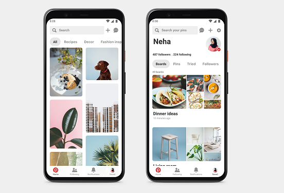 De vormgeving van de nieuwe pinterest lite app