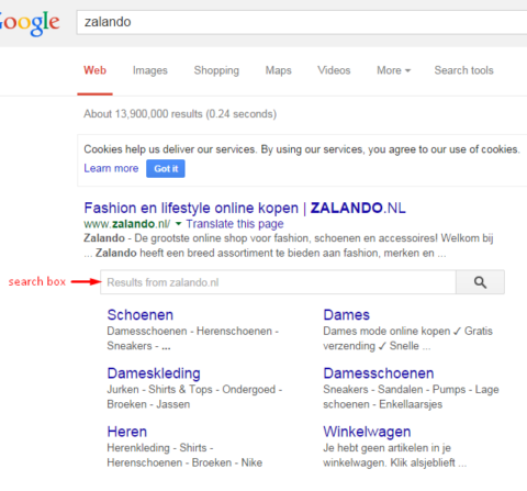 Voorbeeld sitelinks search box zalando